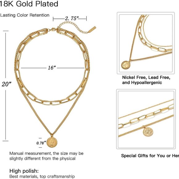 Gold Layered Necklace for Women, 14K Gold Plated Coin Cross Pendant Necklace Chu - Picture 4 of 7